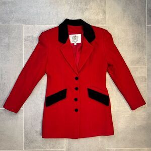 VTG RZR Red Wool Jacket Riding Equestrian Longline Black Velvet Trim MadeRomania